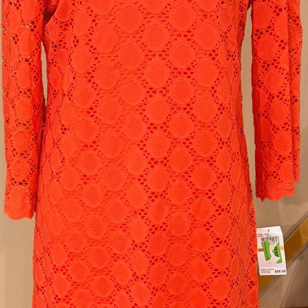 Ronni Nicole Dress SZ M Coral Orange Lace Knit Scallop Bell Sleeve Shift NWT
